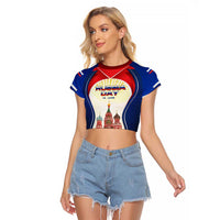 Russia Day Raglan Cropped T Shirt with Kremlin Illustration, National Emblem, and Flag Stripes