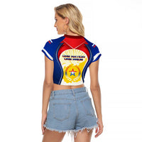 Russia Day Raglan Cropped T Shirt with Kremlin Illustration, National Emblem, and Flag Stripes