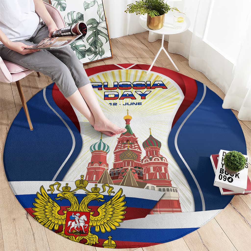 Russia Day Round Carpet with Kremlin Illustration, National Emblem, and Flag Stripes