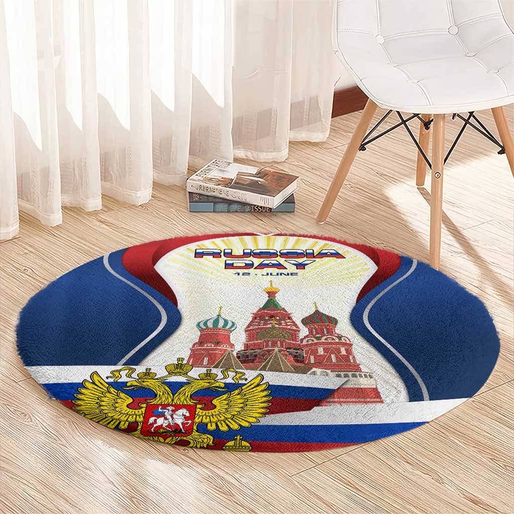 Russia Day Round Carpet with Kremlin Illustration, National Emblem, and Flag Stripes