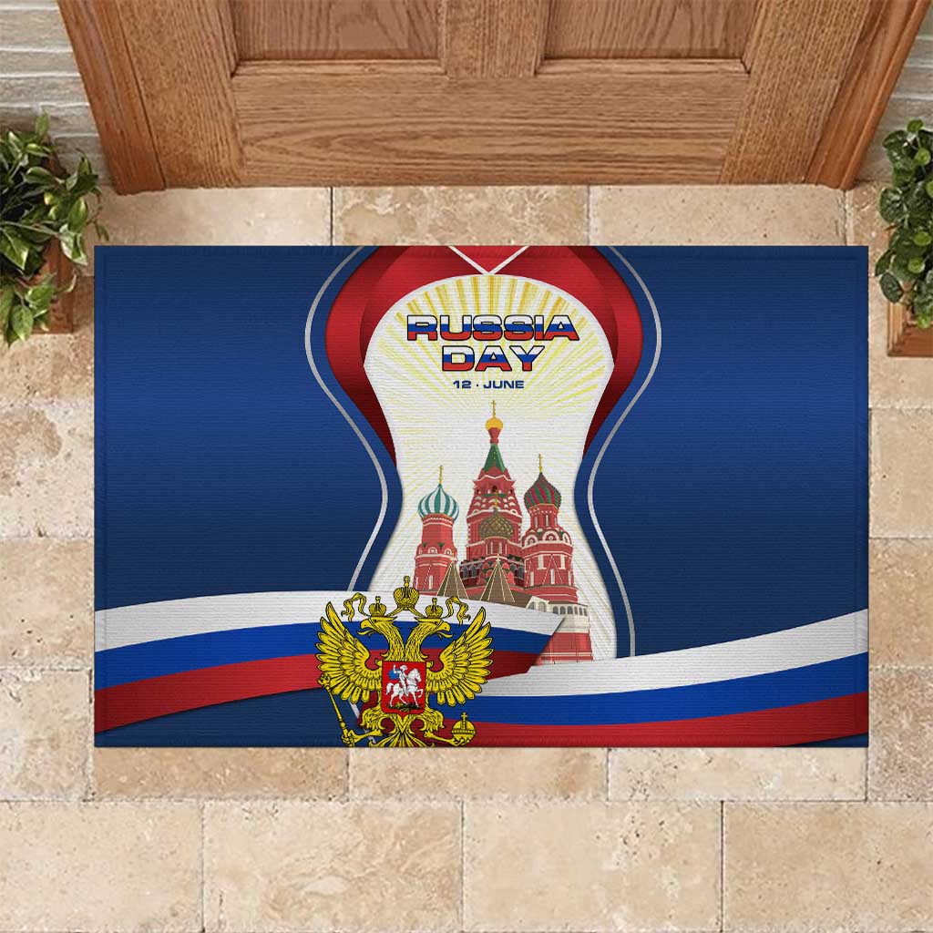 Russia Day Rubber Doormat with Kremlin Illustration, National Emblem, and Flag Stripes