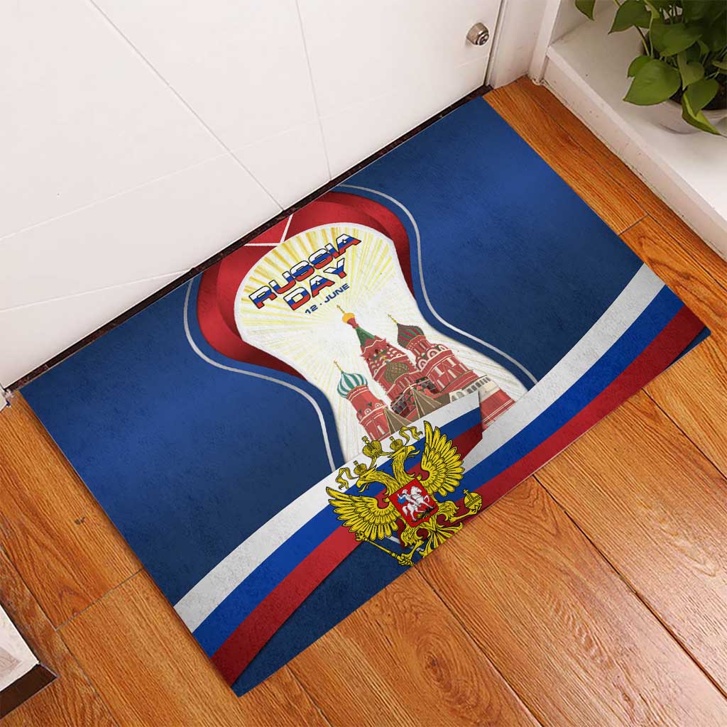 Russia Day Rubber Doormat with Kremlin Illustration, National Emblem, and Flag Stripes