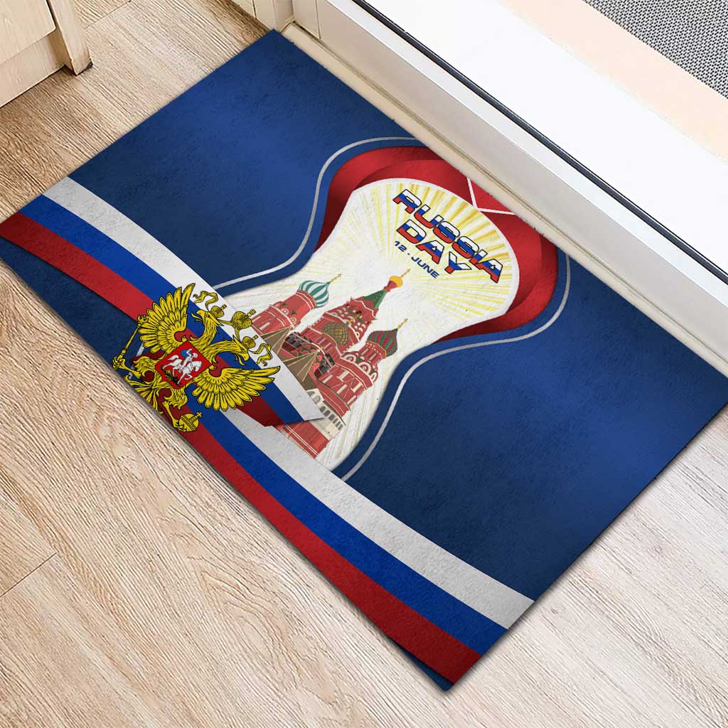 Russia Day Rubber Doormat with Kremlin Illustration, National Emblem, and Flag Stripes