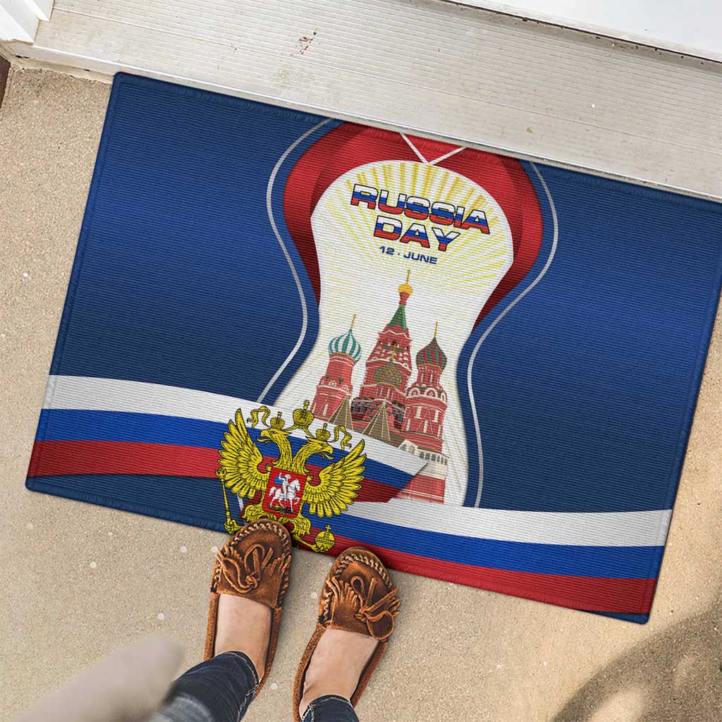 Russia Day Rubber Doormat with Kremlin Illustration, National Emblem, and Flag Stripes