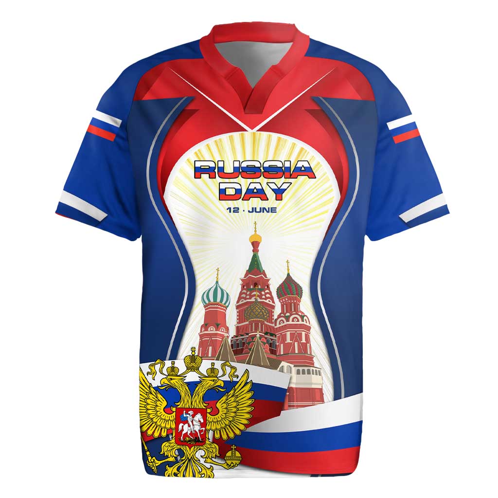 Russia Day Rugby Jersey with Kremlin Illustration, National Emblem, and Flag Stripes