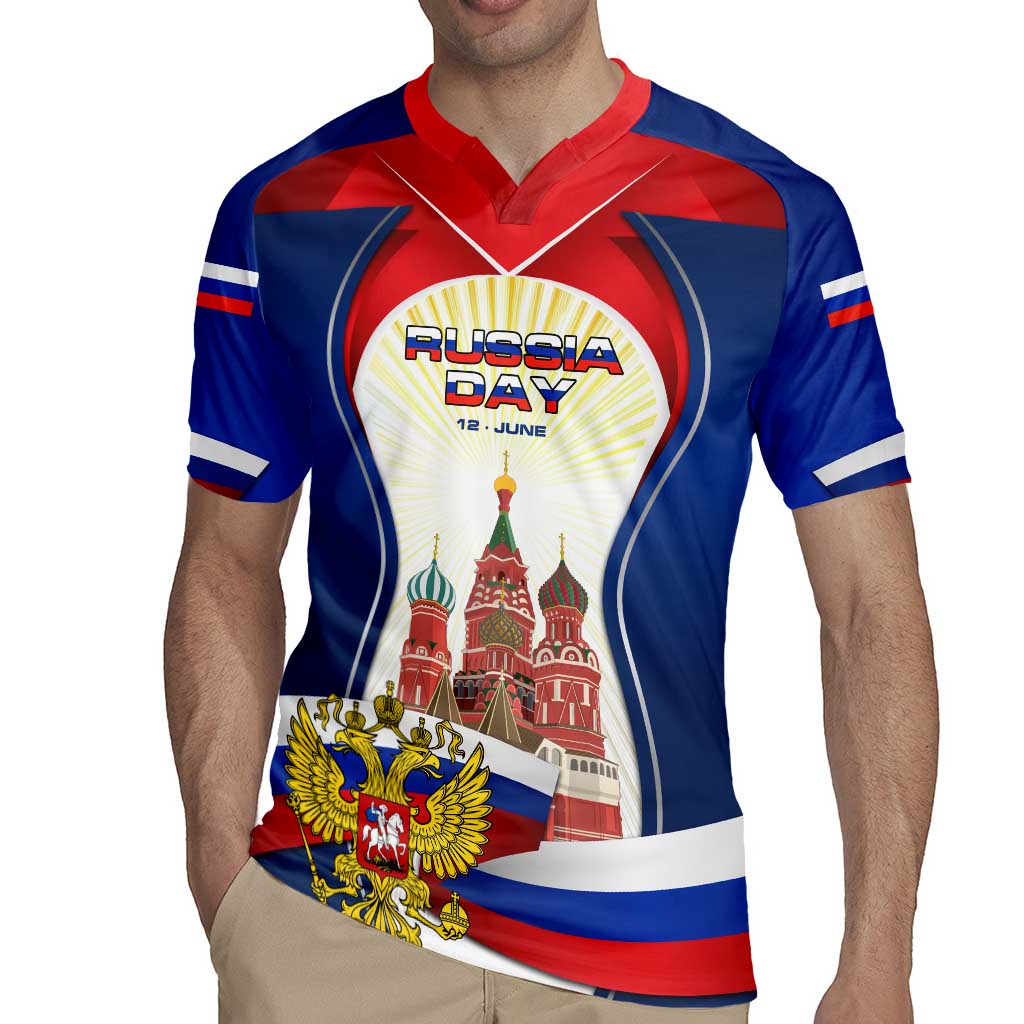 Russia Day Rugby Jersey with Kremlin Illustration, National Emblem, and Flag Stripes