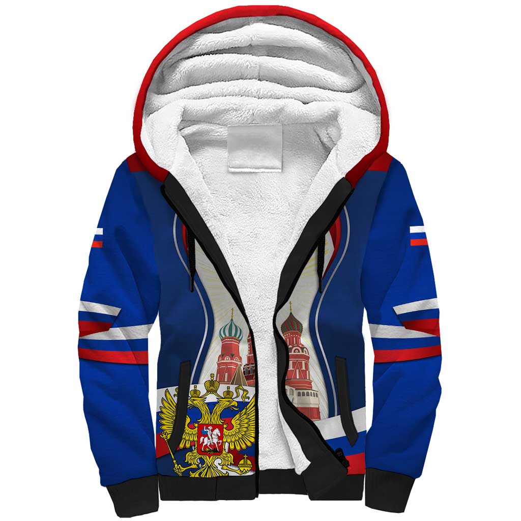 Russia Day Sherpa Hoodie with Kremlin Illustration, National Emblem, and Flag Stripes