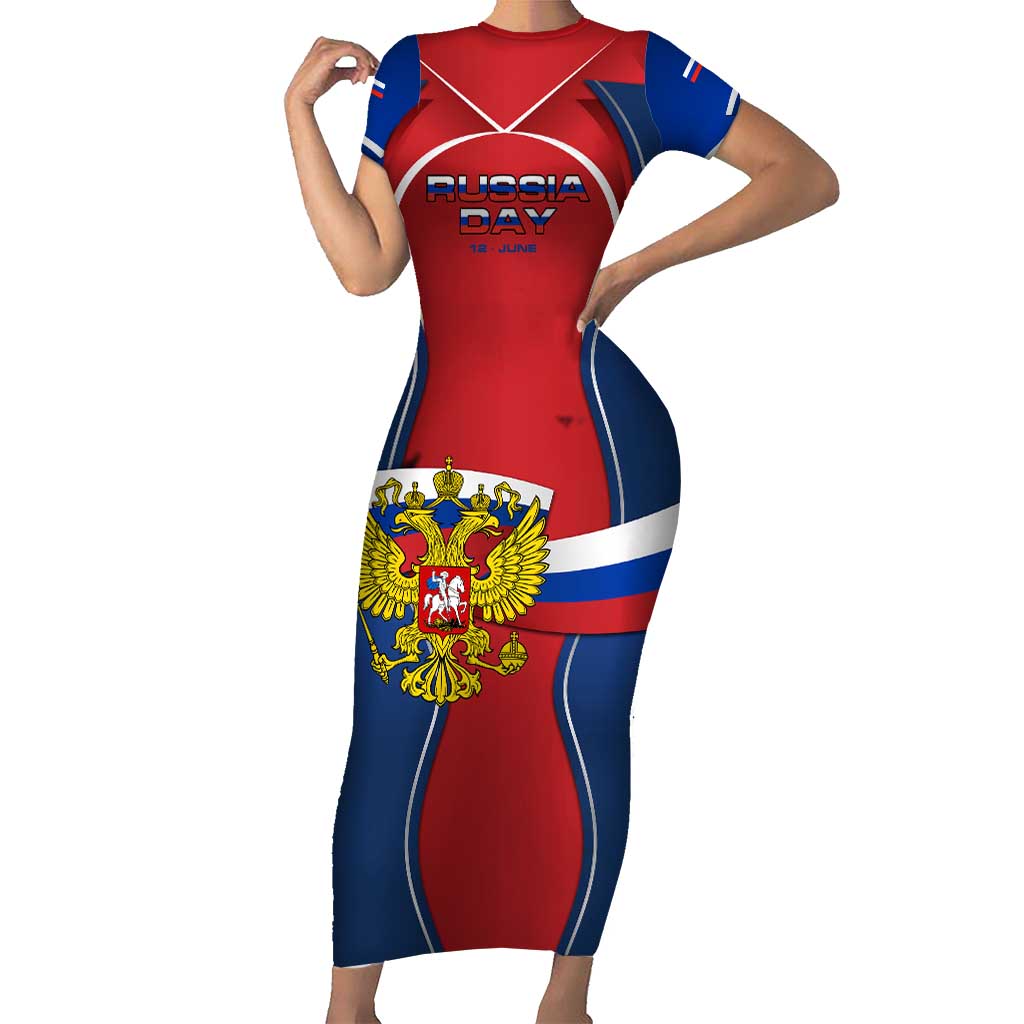 Russia Day Short Sleeve Bodycon Dress with Kremlin Illustration, National Emblem, and Flag Stripes