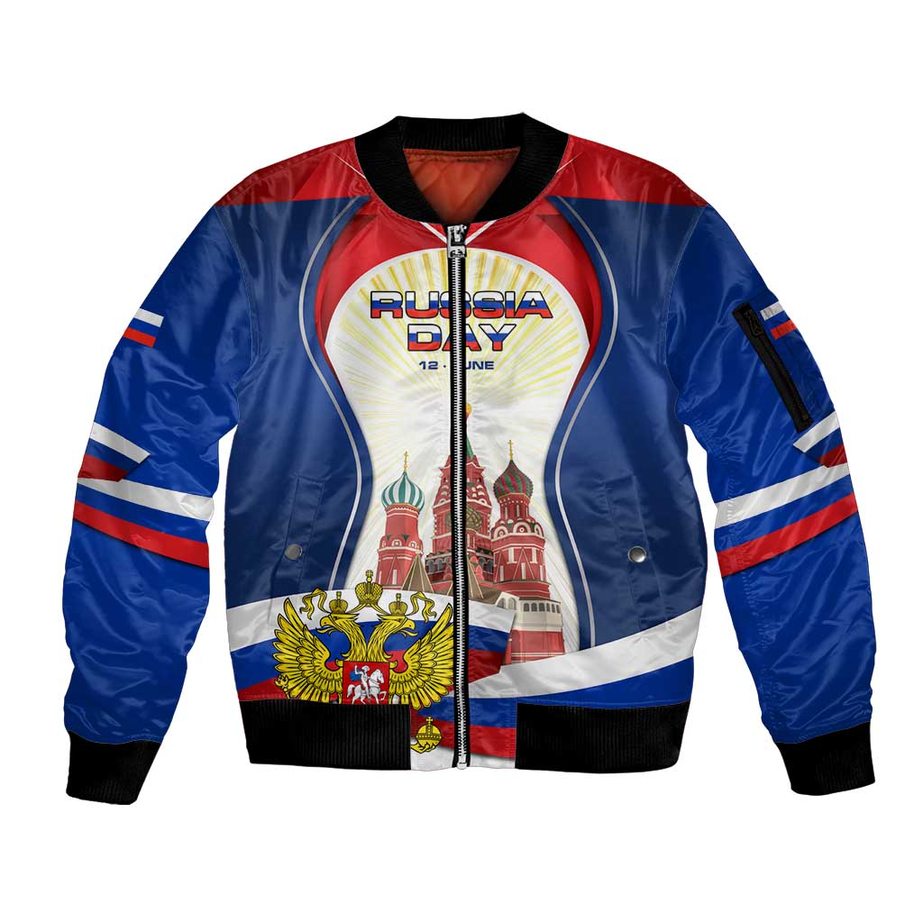 Russia Day Sleeve Zip Bomber Jacket with Kremlin Illustration, National Emblem, and Flag Stripes