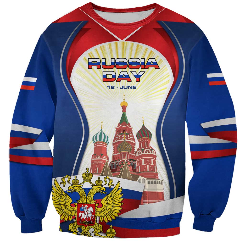 Russia Day Sweatshirt with Kremlin Illustration, National Emblem, and Flag Stripes