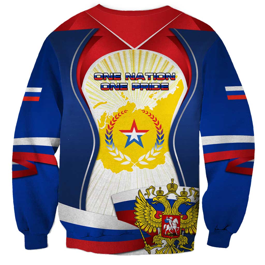 Russia Day Sweatshirt with Kremlin Illustration, National Emblem, and Flag Stripes