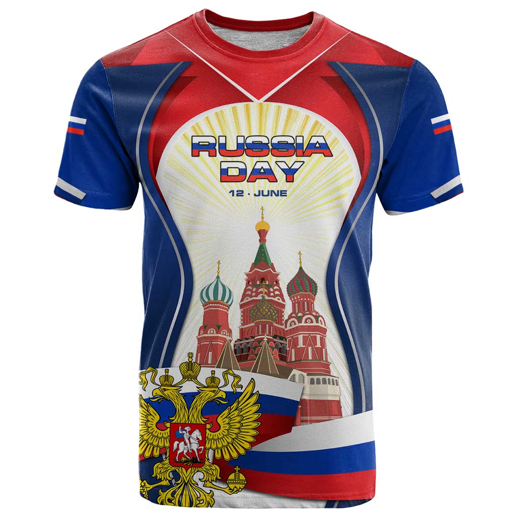 Russia Day T Shirt with Kremlin Illustration, National Emblem, and Flag Stripes