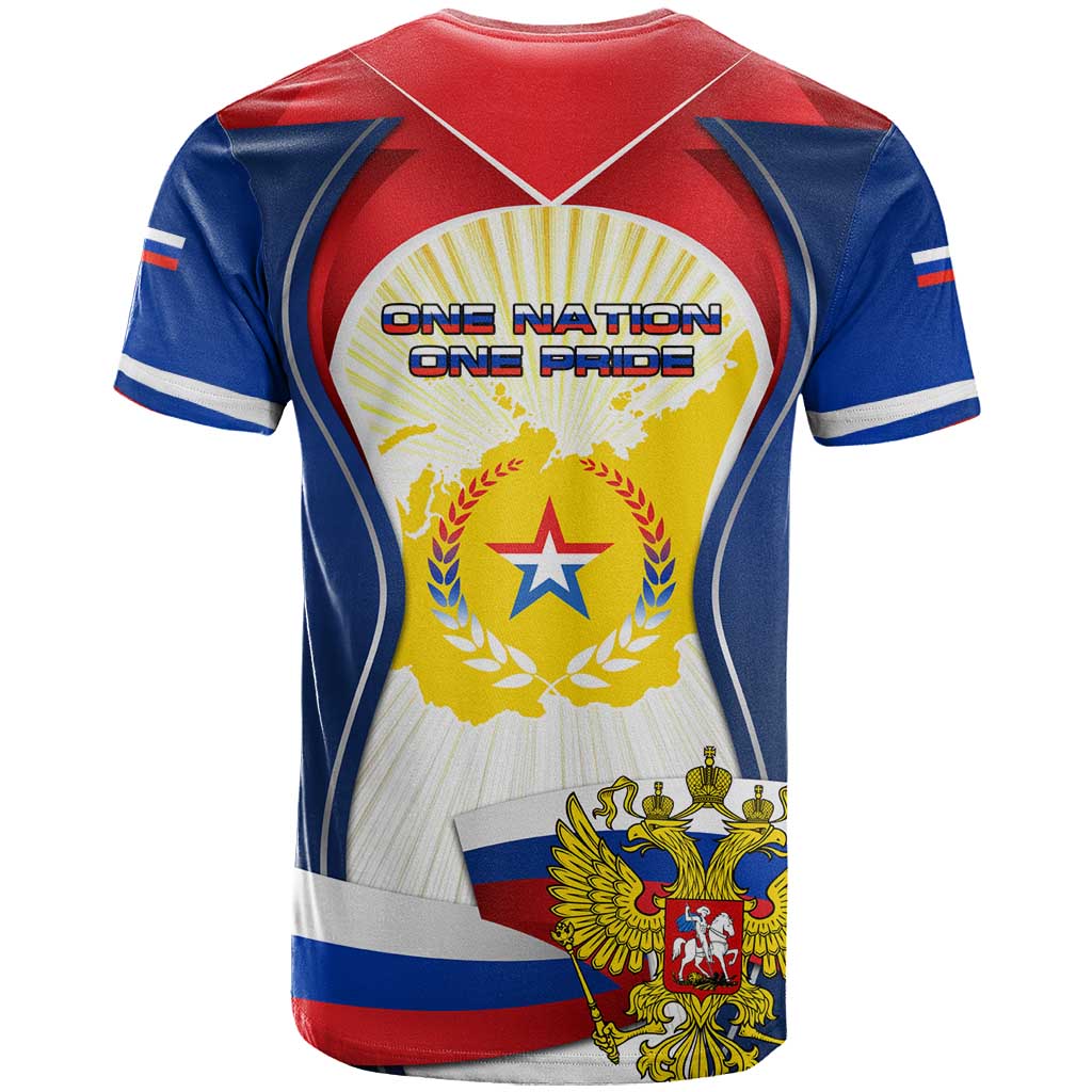 Russia Day T Shirt with Kremlin Illustration, National Emblem, and Flag Stripes