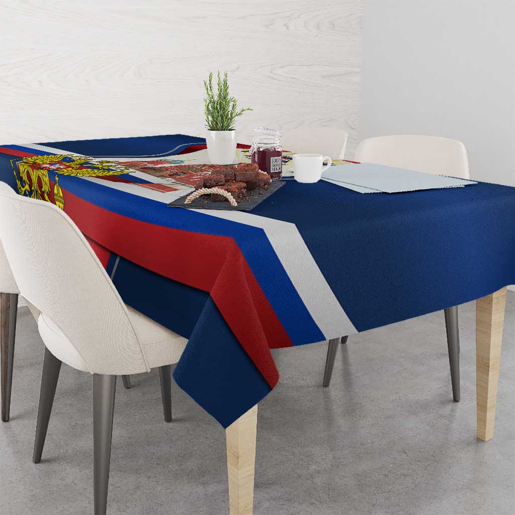Russia Day Tablecloth with Kremlin Illustration, National Emblem, and Flag Stripes