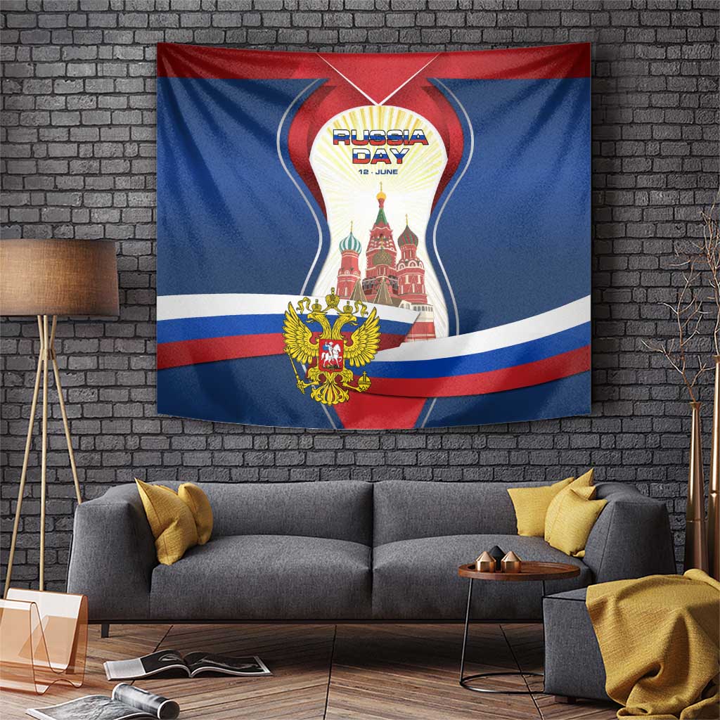 Russia Day Tapestry with Kremlin Illustration, National Emblem, and Flag Stripes