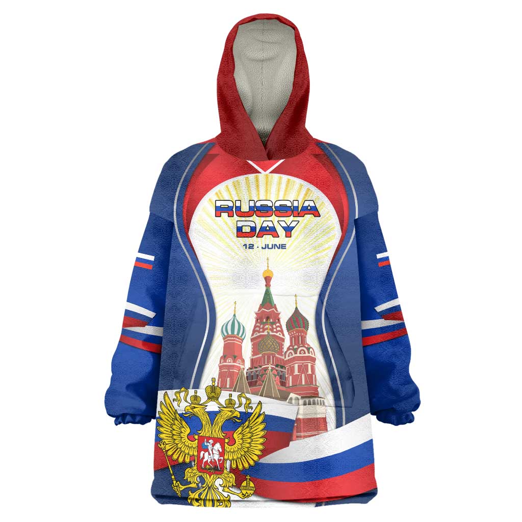 Russia Day Wearable Blanket Hoodie with Kremlin Illustration, National Emblem, and Flag Stripes