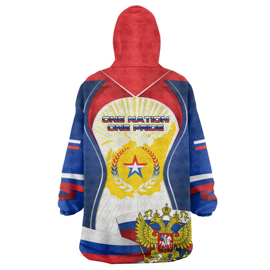 Russia Day Wearable Blanket Hoodie with Kremlin Illustration, National Emblem, and Flag Stripes
