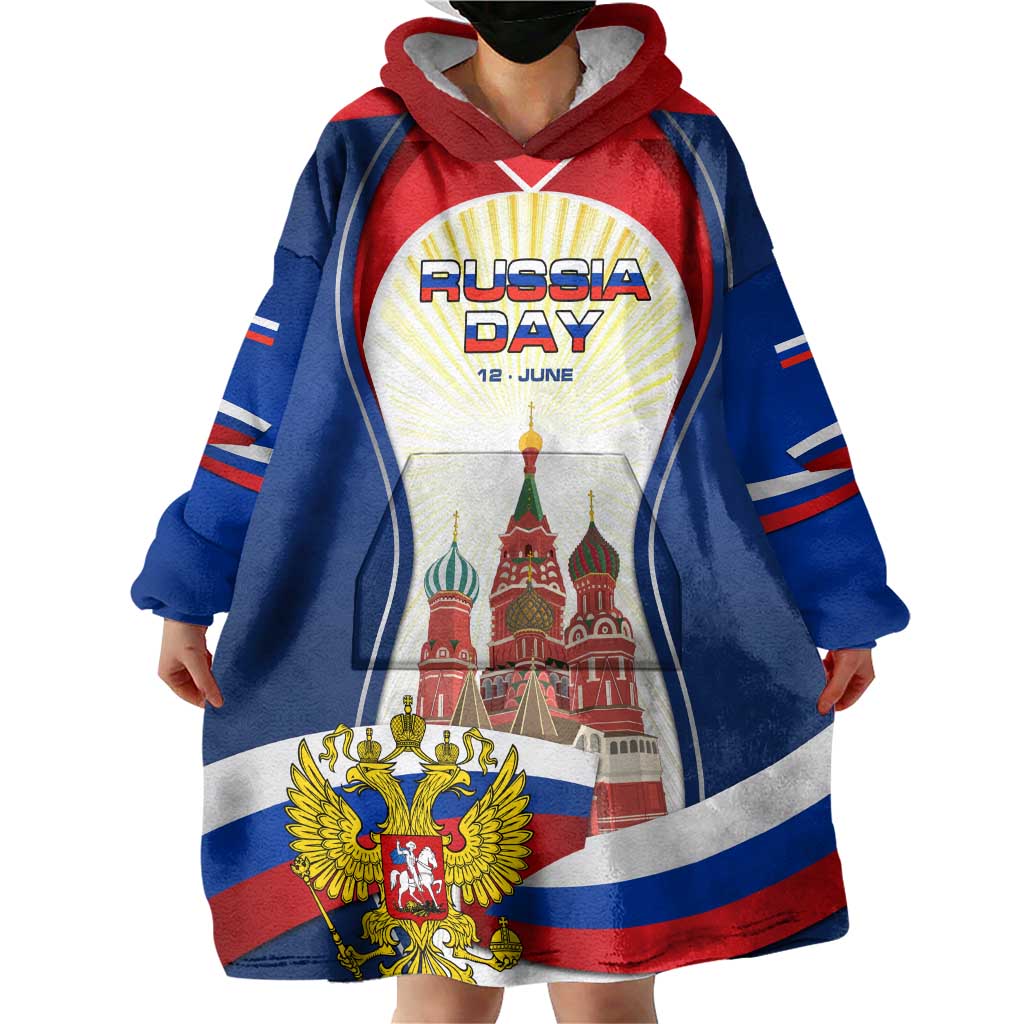 Russia Day Wearable Blanket Hoodie with Kremlin Illustration, National Emblem, and Flag Stripes