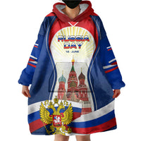 Russia Day Wearable Blanket Hoodie with Kremlin Illustration, National Emblem, and Flag Stripes