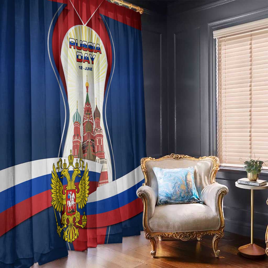 Russia Day Window Curtain with Kremlin Illustration, National Emblem, and Flag Stripes