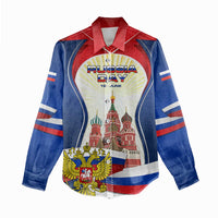 Russia Day Women Casual Shirt with Kremlin Illustration, National Emblem, and Flag Stripes