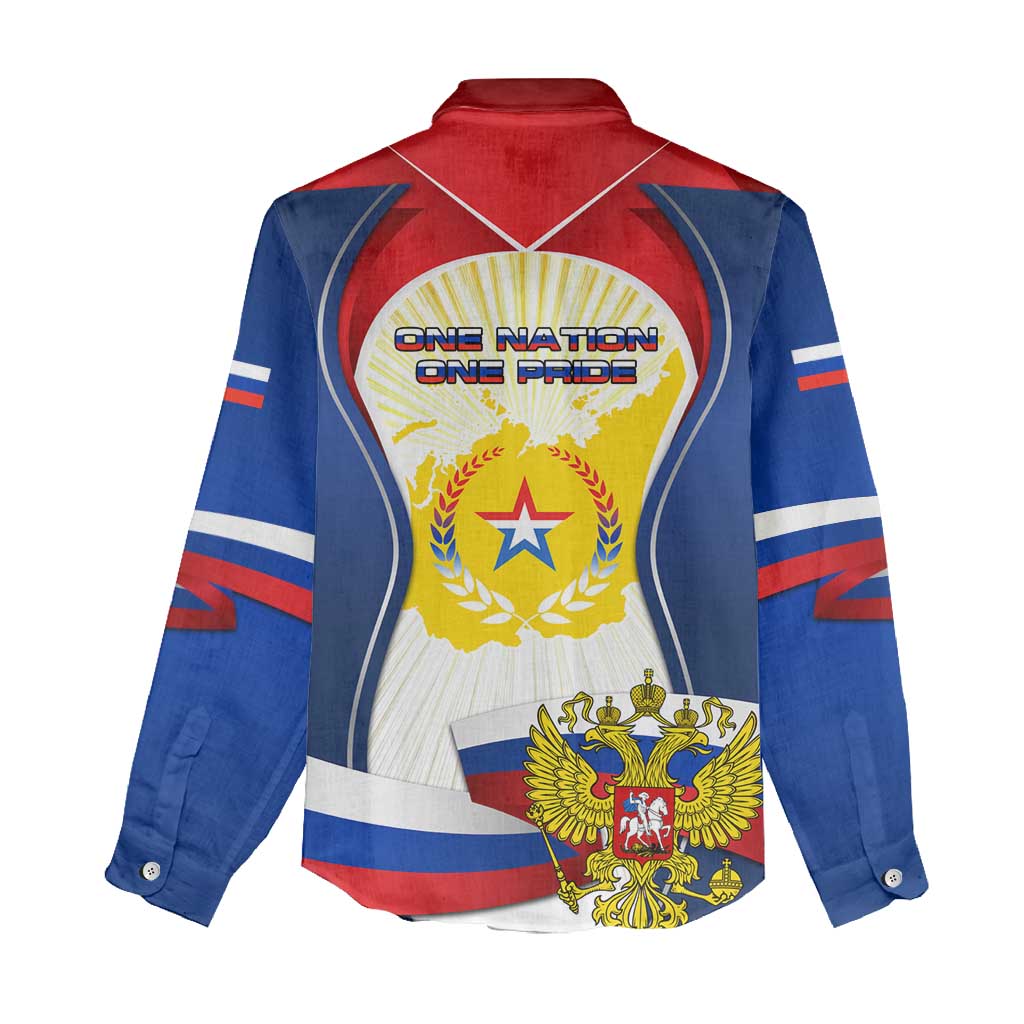 Russia Day Women Casual Shirt with Kremlin Illustration, National Emblem, and Flag Stripes