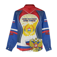 Russia Day Women Casual Shirt with Kremlin Illustration, National Emblem, and Flag Stripes