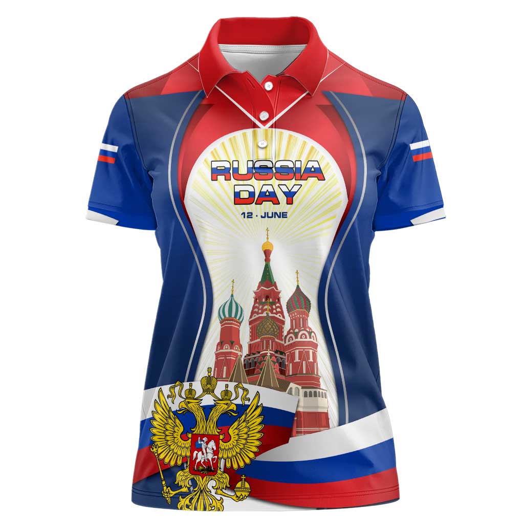 Russia Day Women Polo Shirt with Kremlin Illustration, National Emblem, and Flag Stripes