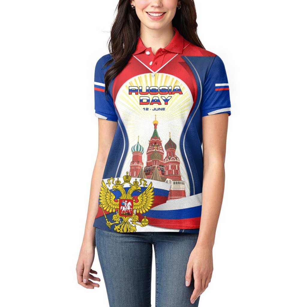 Russia Day Women Polo Shirt with Kremlin Illustration, National Emblem, and Flag Stripes