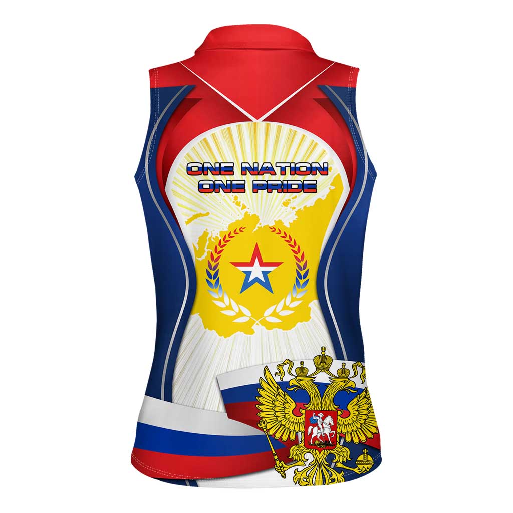 Russia Day Women Sleeveless Polo Shirt with Kremlin Illustration, National Emblem, and Flag Stripes
