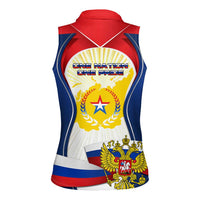 Russia Day Women Sleeveless Polo Shirt with Kremlin Illustration, National Emblem, and Flag Stripes