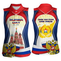 Russia Day Women Sleeveless Polo Shirt with Kremlin Illustration, National Emblem, and Flag Stripes
