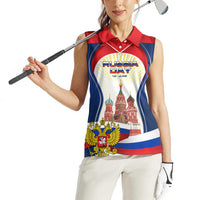 Russia Day Women Sleeveless Polo Shirt with Kremlin Illustration, National Emblem, and Flag Stripes