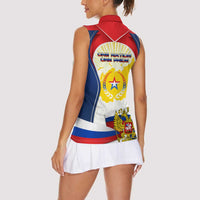 Russia Day Women Sleeveless Polo Shirt with Kremlin Illustration, National Emblem, and Flag Stripes
