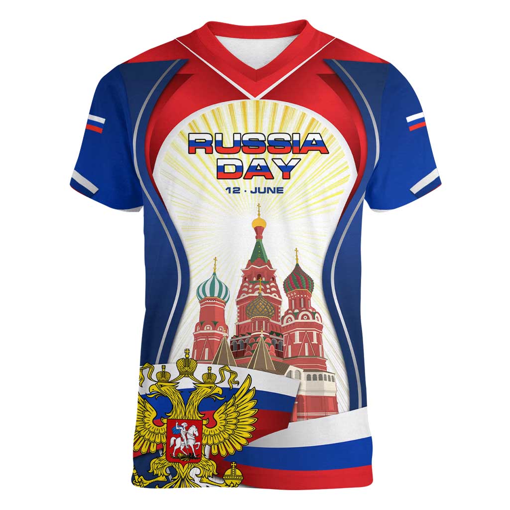 Russia Day Women V-Neck T-Shirt with Kremlin Illustration, National Emblem, and Flag Stripes