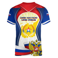Russia Day Women V-Neck T-Shirt with Kremlin Illustration, National Emblem, and Flag Stripes
