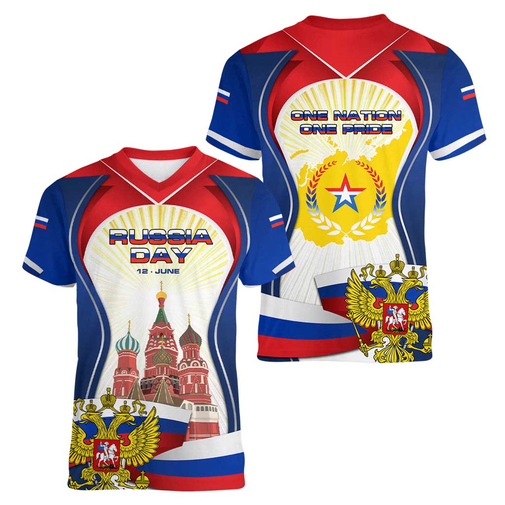 Russia Day Women V-Neck T-Shirt with Kremlin Illustration, National Emblem, and Flag Stripes