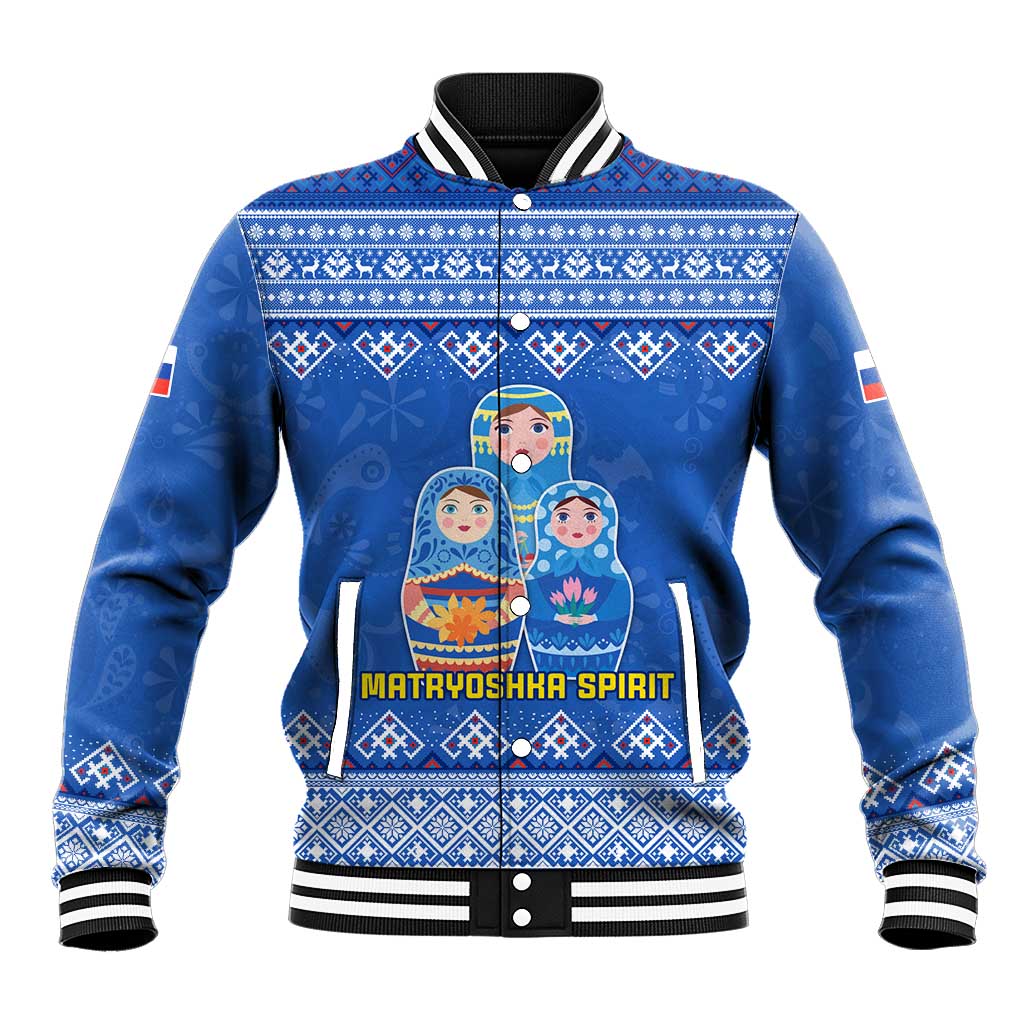 Russia Matryoshka Spirit Baseball Jacket with Folk Pattern and Double-Headed Eagle Emblem