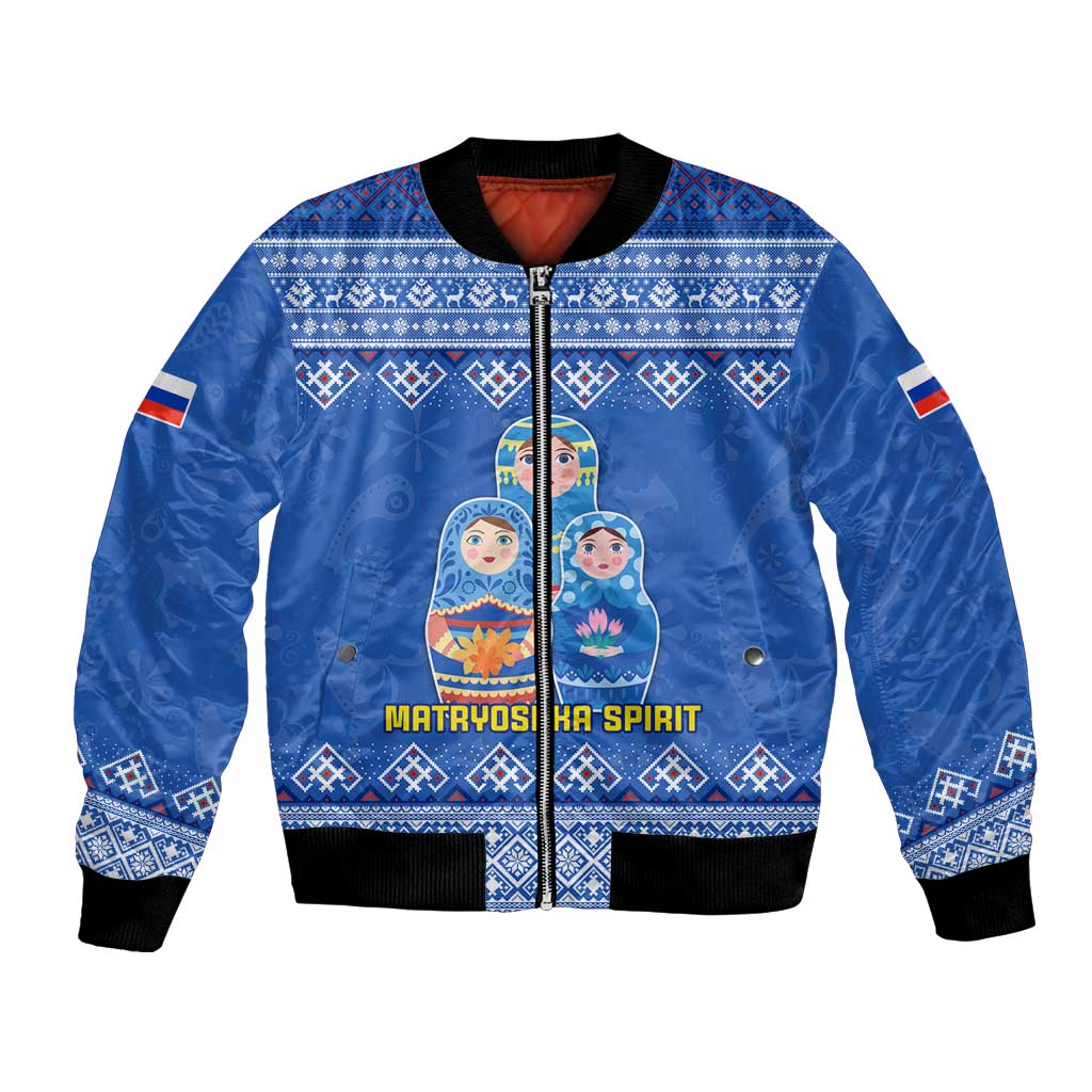 Russia Matryoshka Spirit Bomber Jacket with Folk Pattern and Double-Headed Eagle Emblem