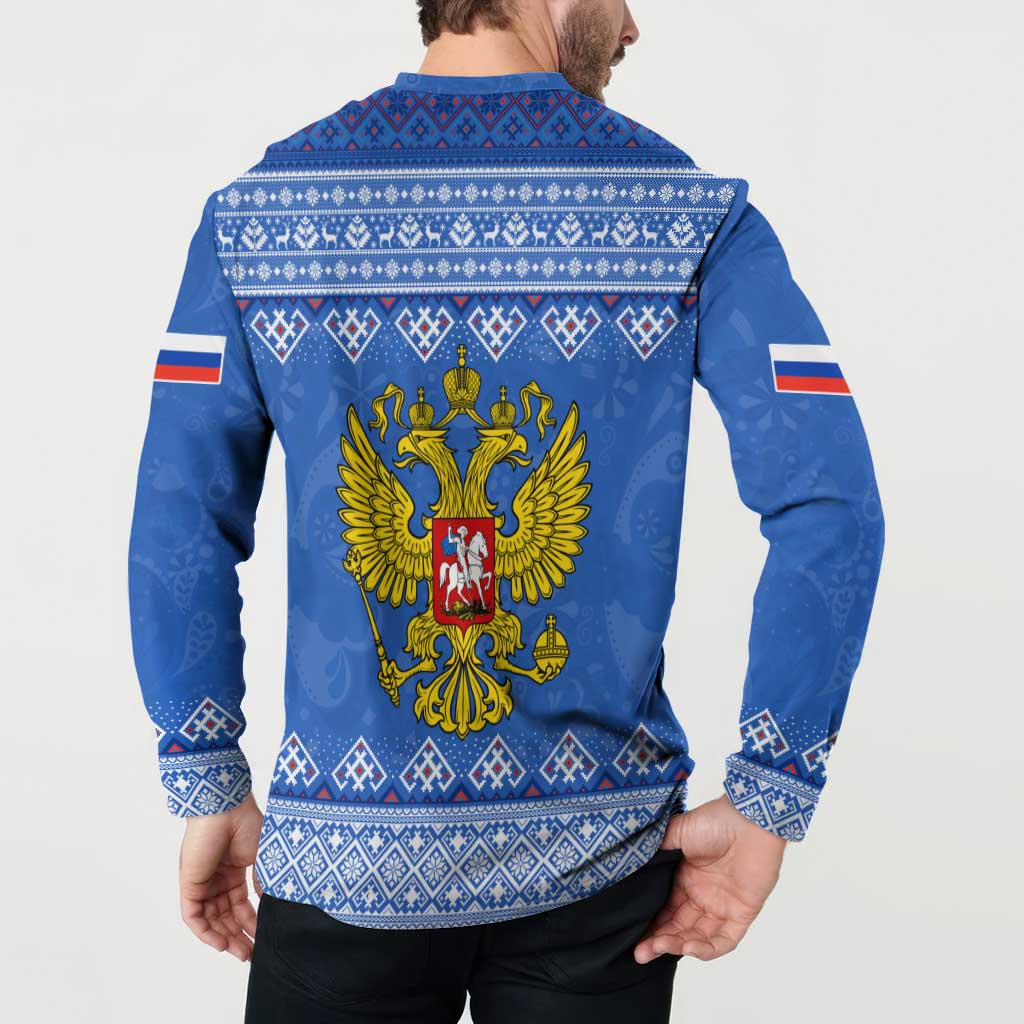 Russia Matryoshka Spirit Button Sweatshirt with Folk Pattern and Double-Headed Eagle Emblem