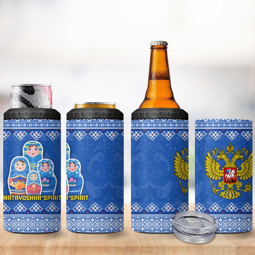 Russia Matryoshka Spirit 4 in 1 Can Cooler Tumbler with Folk Pattern and Double-Headed Eagle Emblem