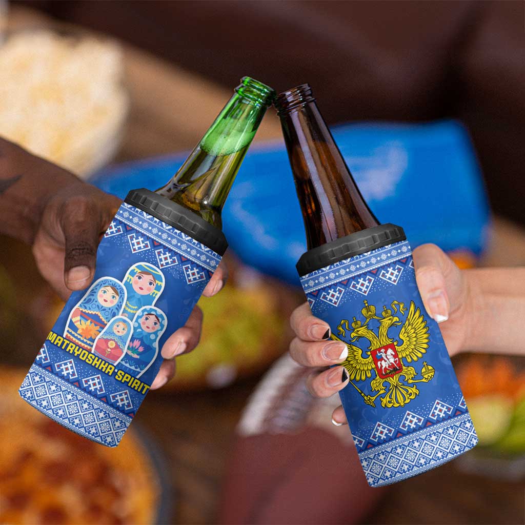 Russia Matryoshka Spirit 4 in 1 Can Cooler Tumbler with Folk Pattern and Double-Headed Eagle Emblem