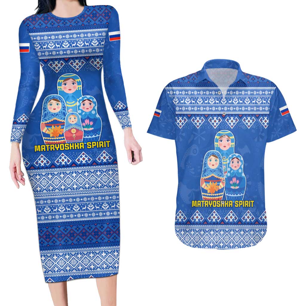 Russia Matryoshka Spirit Couples Matching Long Sleeve Bodycon Dress and Hawaiian Shirt with Folk Pattern and Double-Headed Eagle Emblem