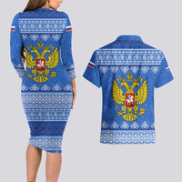 Russia Matryoshka Spirit Couples Matching Long Sleeve Bodycon Dress and Hawaiian Shirt with Folk Pattern and Double-Headed Eagle Emblem