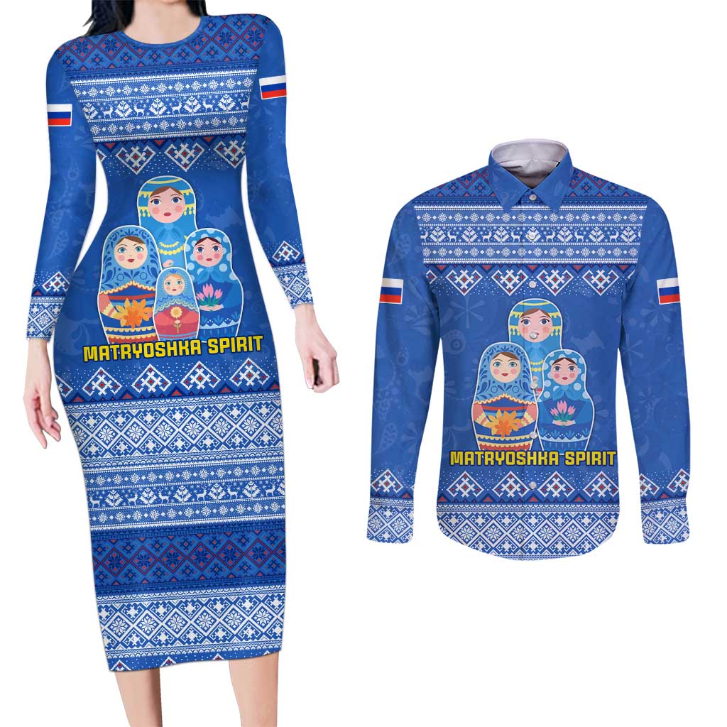 Russia Matryoshka Spirit Couples Matching Long Sleeve Bodycon Dress and Long Sleeve Button Shirt with Folk Pattern and Double-Headed Eagle Emblem