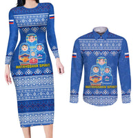 Russia Matryoshka Spirit Couples Matching Long Sleeve Bodycon Dress and Long Sleeve Button Shirt with Folk Pattern and Double-Headed Eagle Emblem