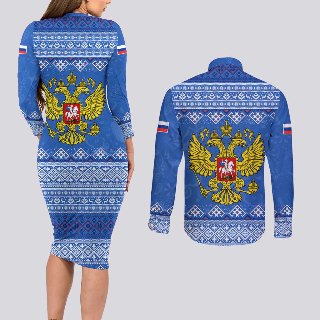 Russia Matryoshka Spirit Couples Matching Long Sleeve Bodycon Dress and Long Sleeve Button Shirt with Folk Pattern and Double-Headed Eagle Emblem