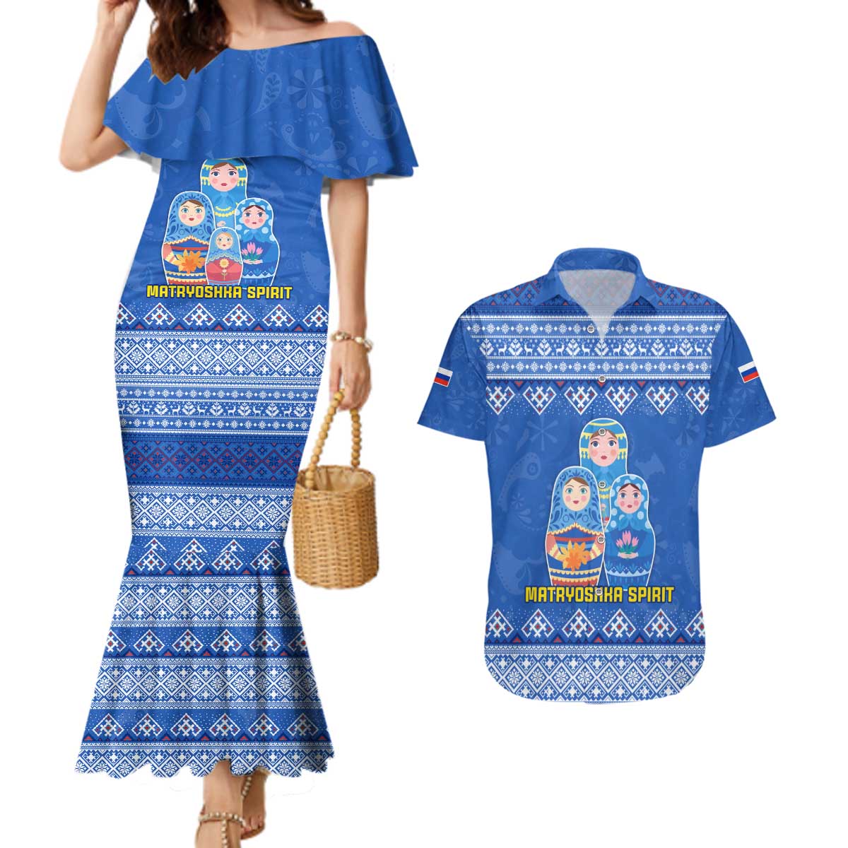 Russia Matryoshka Spirit Couples Matching Mermaid Dress and Hawaiian Shirt with Folk Pattern and Double-Headed Eagle Emblem