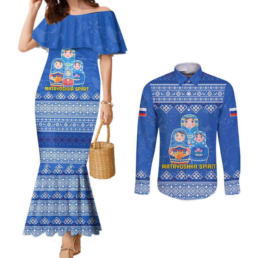 Russia Matryoshka Spirit Couples Matching Mermaid Dress and Long Sleeve Button Shirt with Folk Pattern and Double-Headed Eagle Emblem