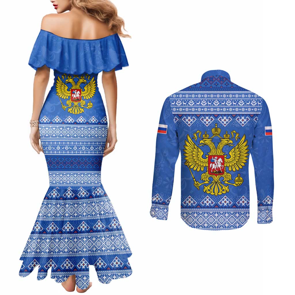 Russia Matryoshka Spirit Couples Matching Mermaid Dress and Long Sleeve Button Shirt with Folk Pattern and Double-Headed Eagle Emblem